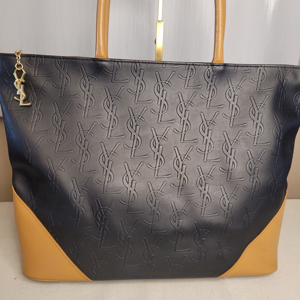Yves Saint Laurent Cassandra YSL Monogram Tote Bag In Black and Tan - Picture 2 of 16
